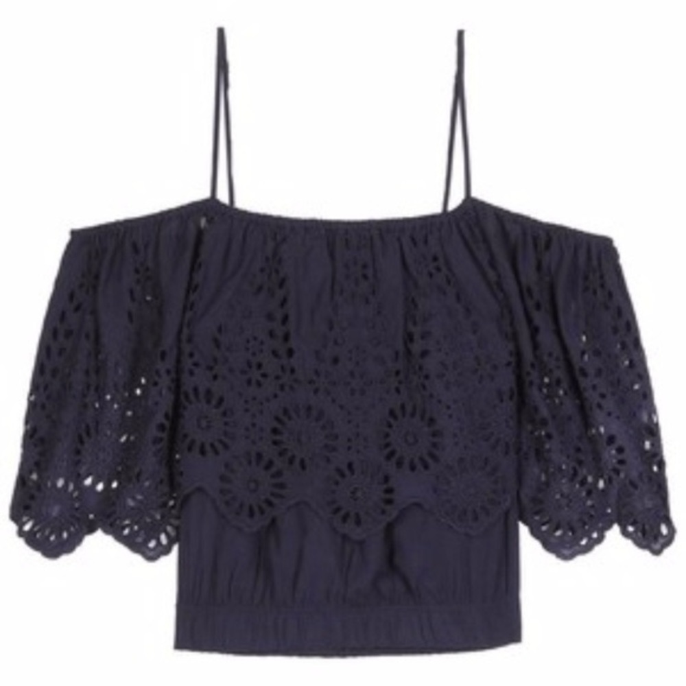 GANNI Yoko Lace Navy Floral Eyelet Cold Shoulder Elastic Tiered Top